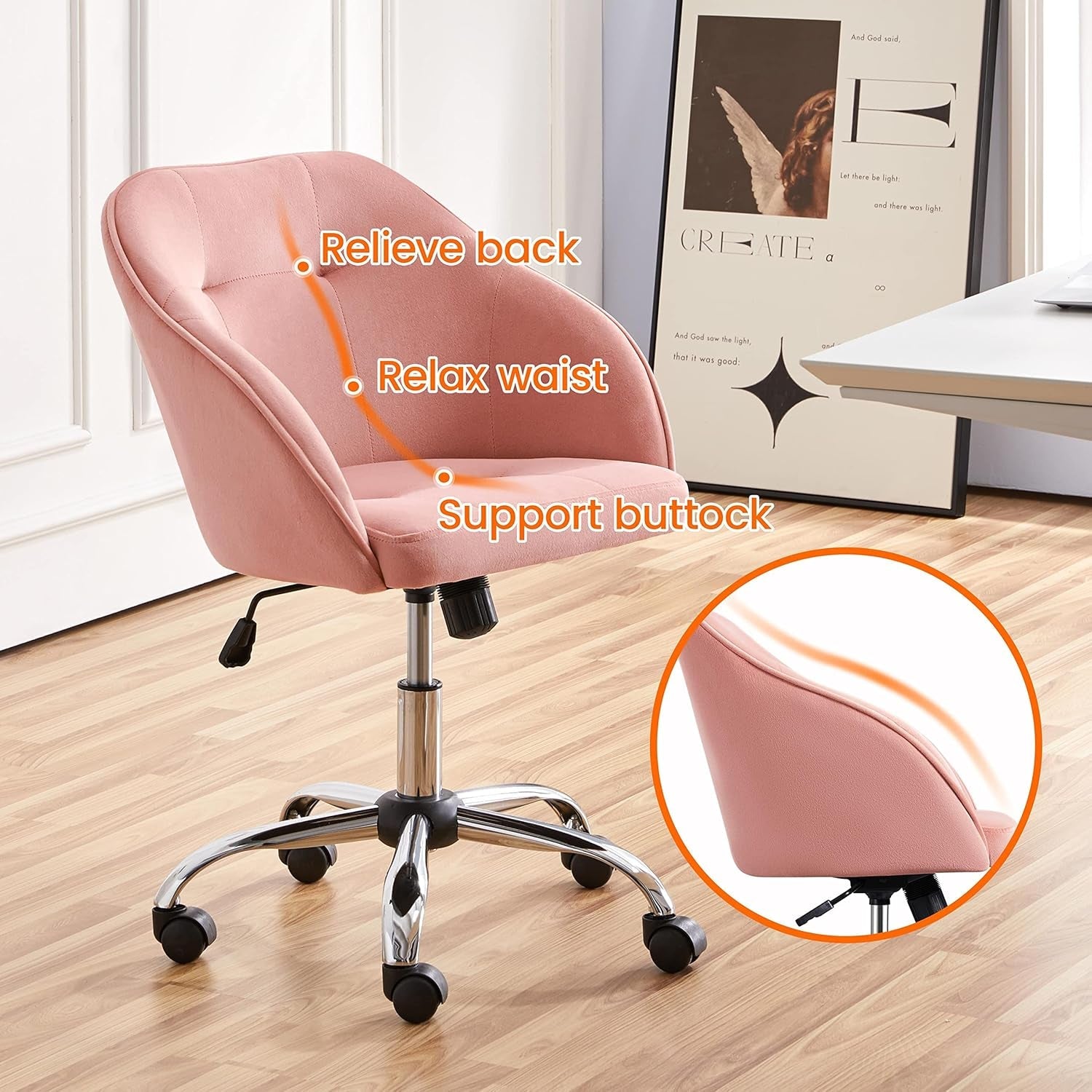 Pink Velvet Desk Chair With Swivel Office Chair Modern-4