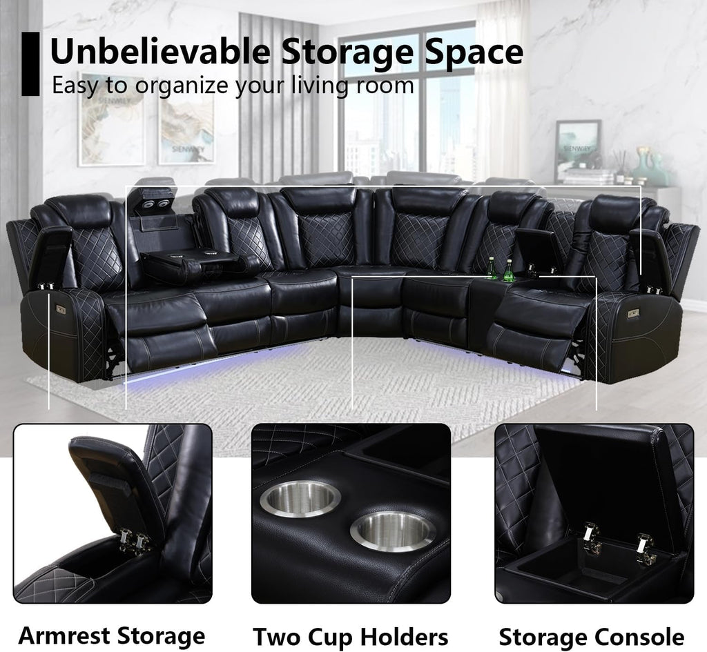 Black Leather Power Reclining Sectional Sofa Living Room-4