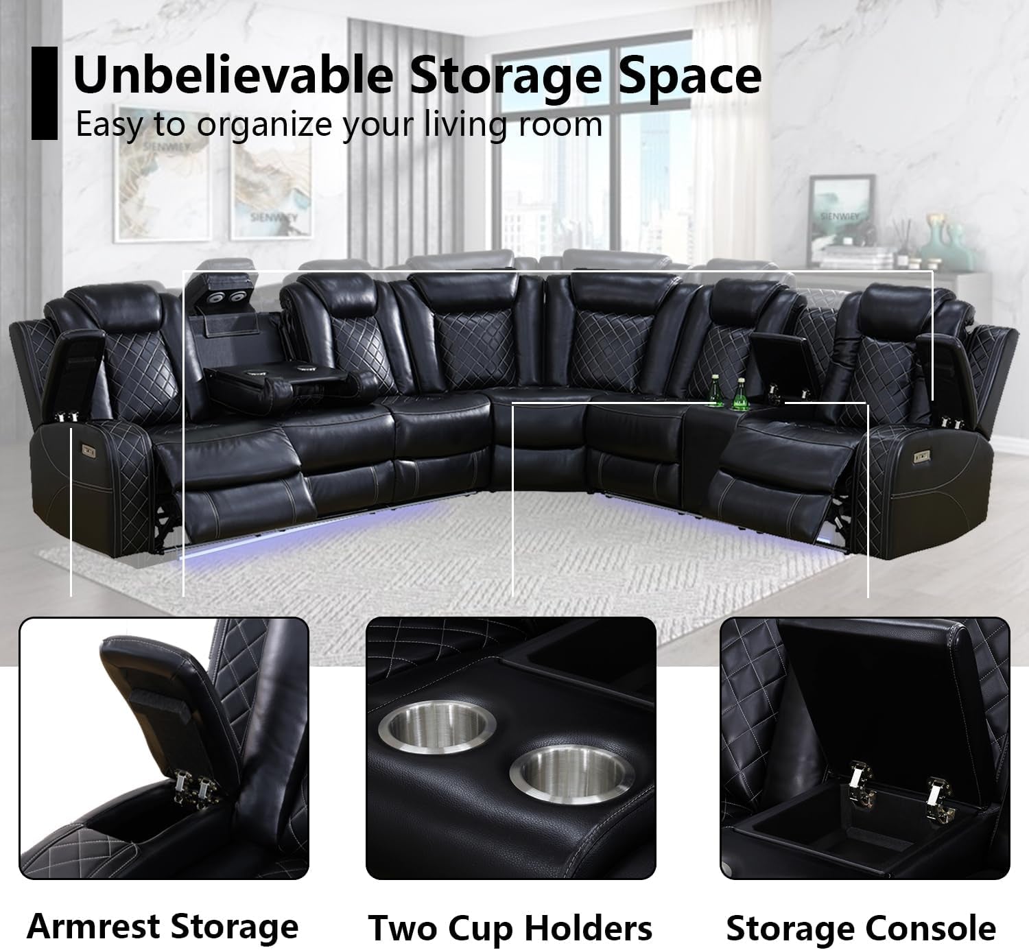 Black Leather Power Reclining Sectional Sofa Living Room-4