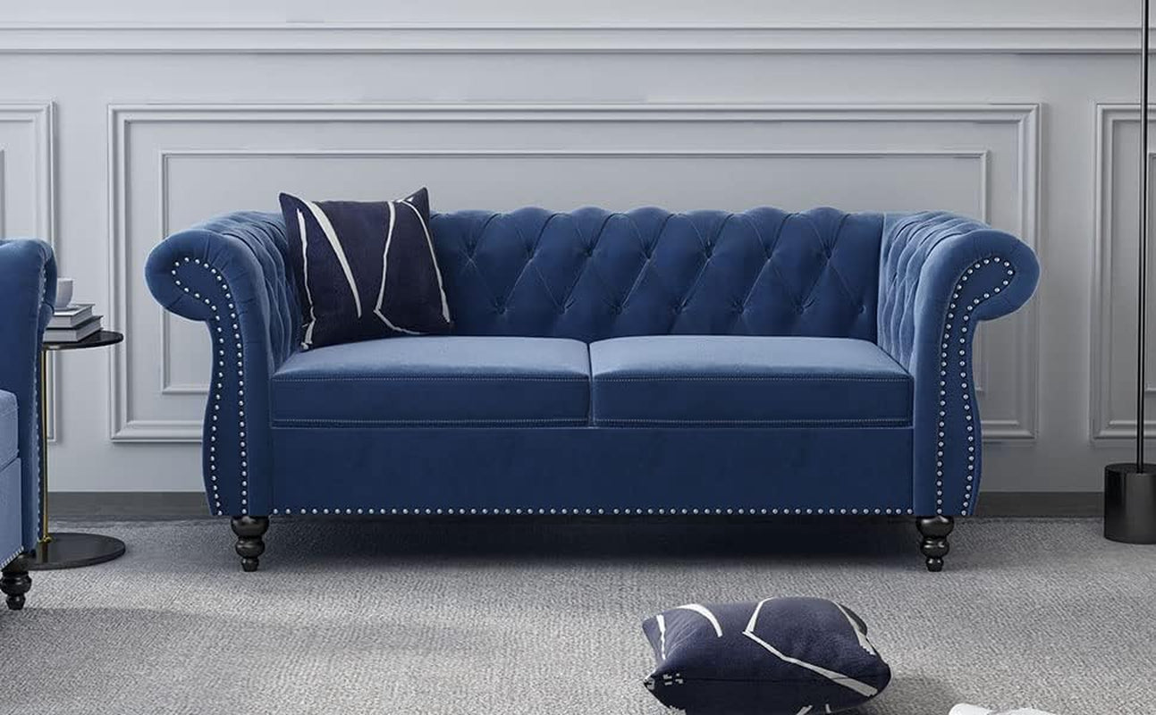 Blue Velvet 2 Piece Living Room Set Sofa Loveseat Chair For Living Room And Office-4