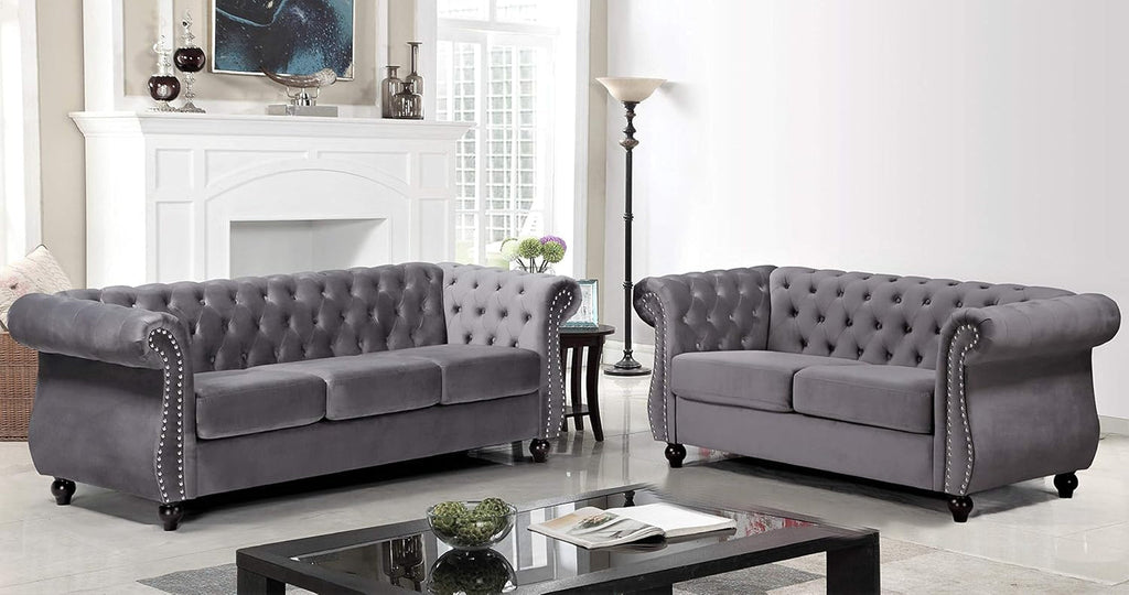 Gray Velvet Loveseat Modern Living Room Furniture Sofa-1