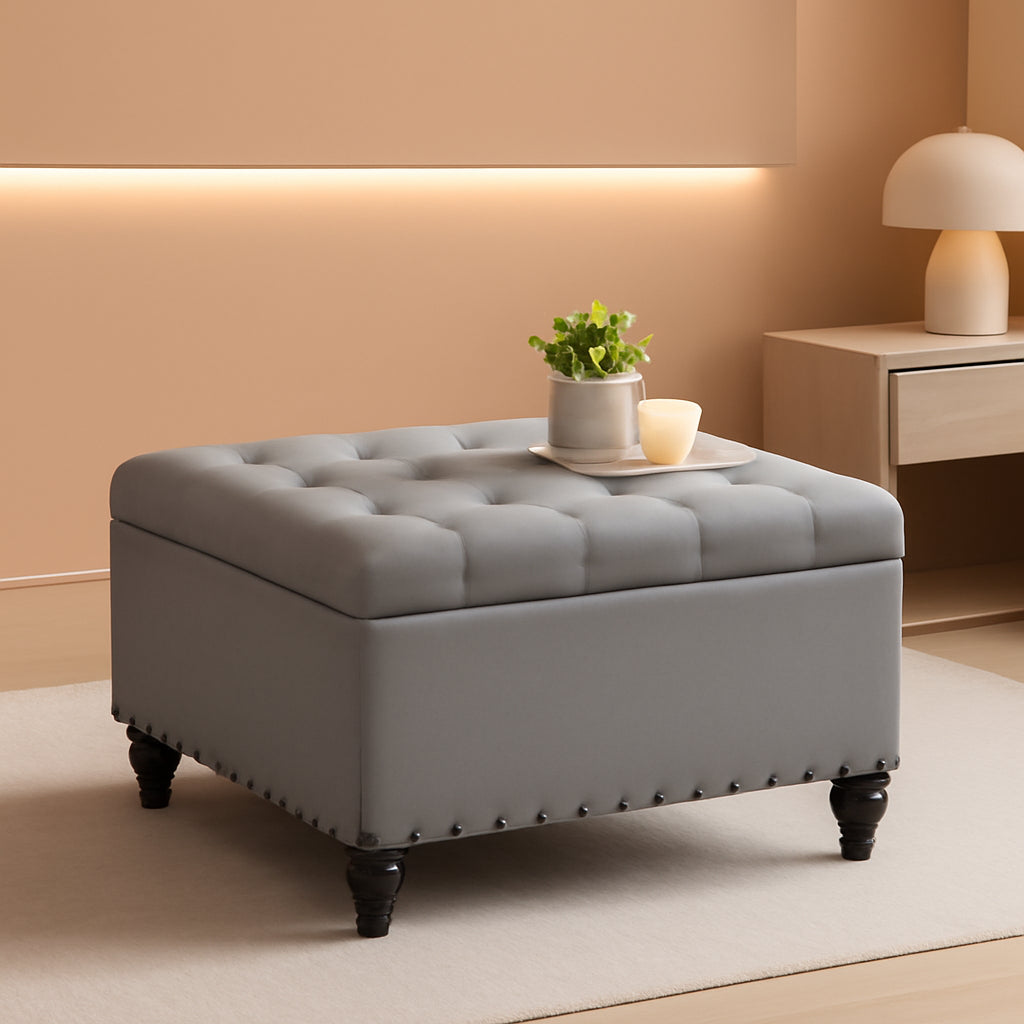 Grey Tufted Storage Ottoman Square For Living Room-0
