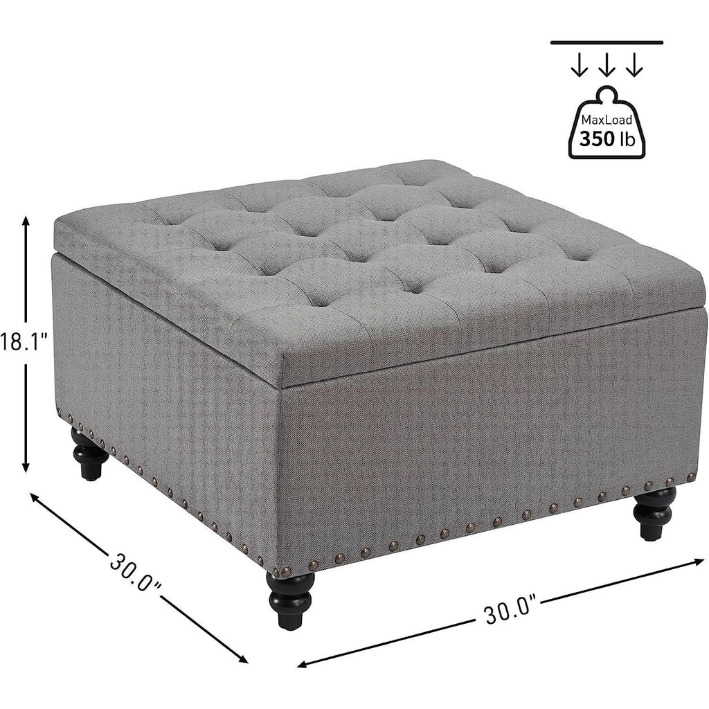 Grey Tufted Storage Ottoman Square For Living Room-2