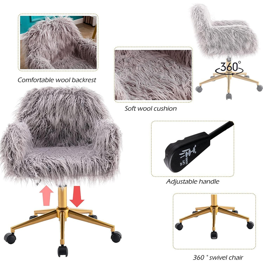 Gray Faux Fur Swivel Office Chair For Home Office Desk-3