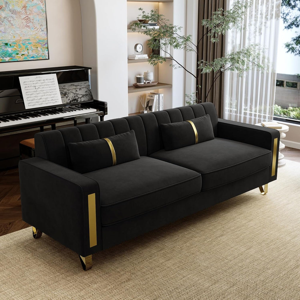 Two Piece Loveseat Sofa Set For Living Room 86 Inch Black Velvet Upholstery Quality Living Room Furniture-4