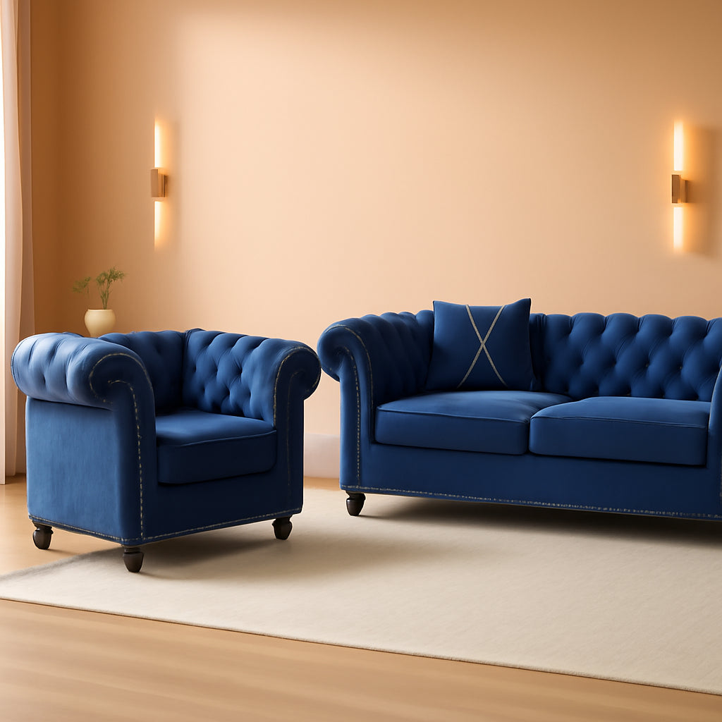 Blue Velvet 2 Piece Living Room Set Sofa Loveseat Chair For Living Room And Office-0