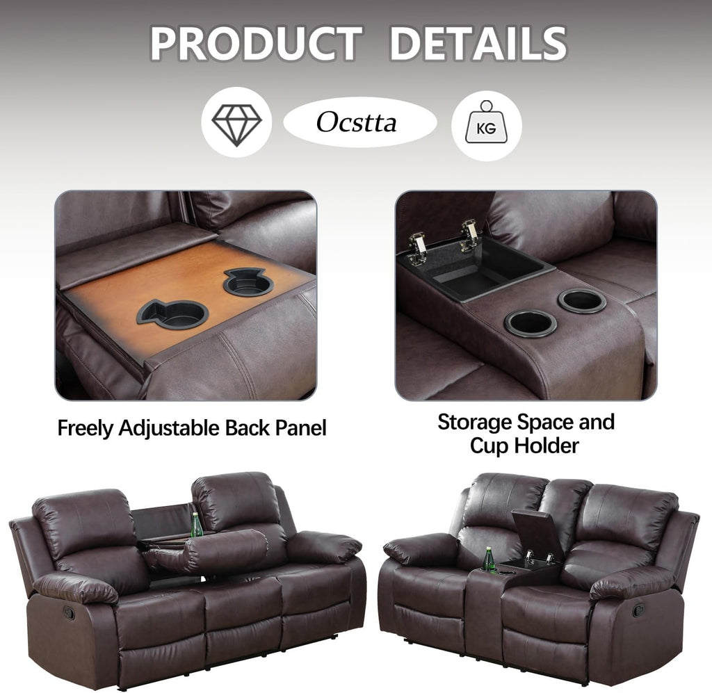 Manual Leather Recliner Sofa Set Brown For Living Room-2