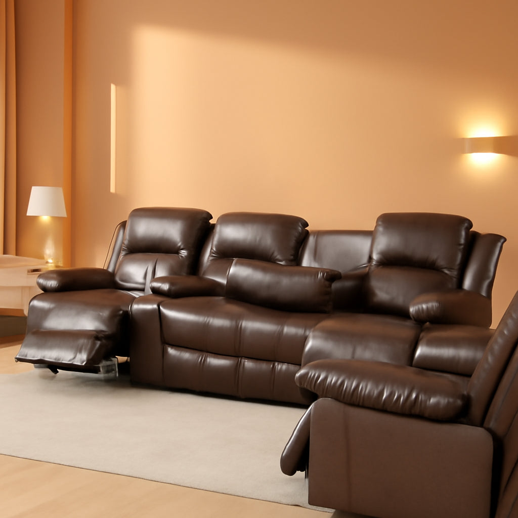 Brown Bonded Leather Manual Reclining Living Room Sofa Set-0