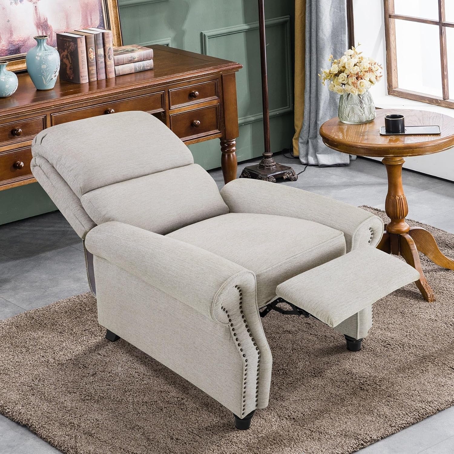 Beige Pushback Recliner Chair For Living Room Office-3