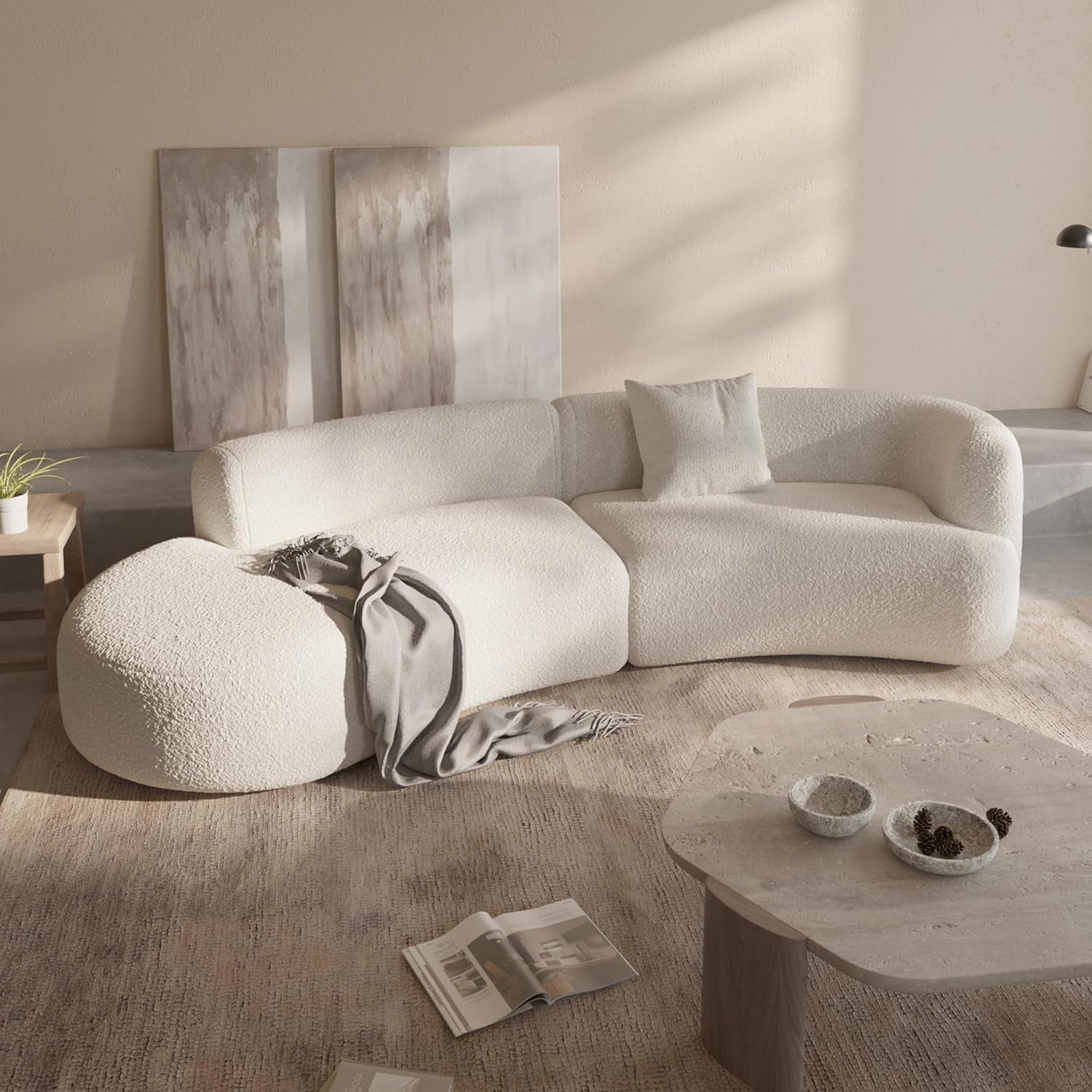 White Boucle Curved Sectional Sofa Modular Living Room-2